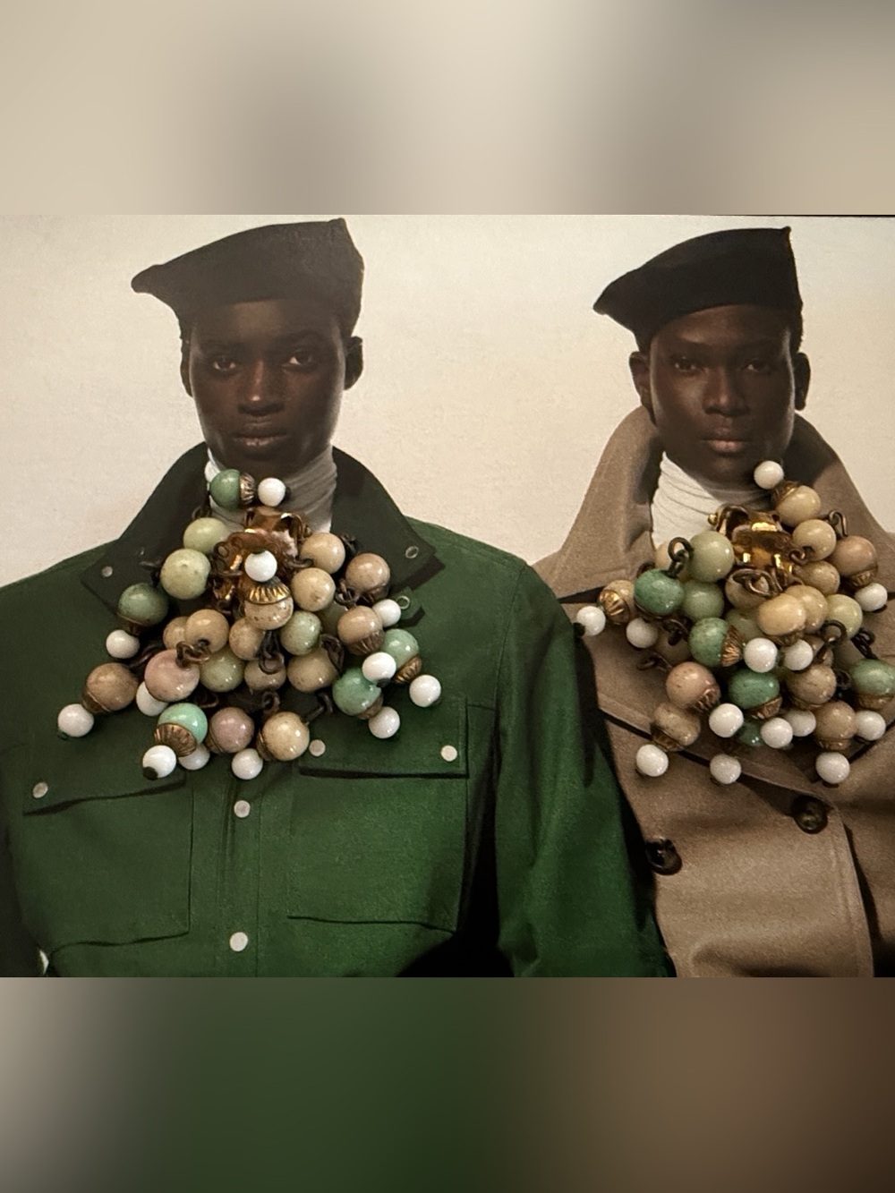 Beaded earrings in Green, Cream & Gold - Unbranded/clip
